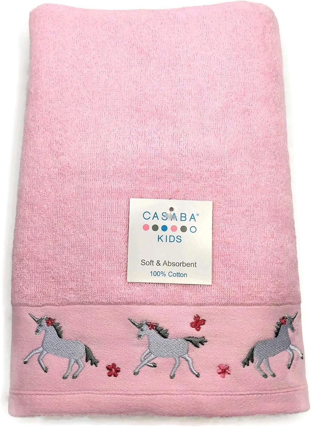 Casaba Kids Embroidered Silver Unicorns with Flowers Pink Towels (Bath