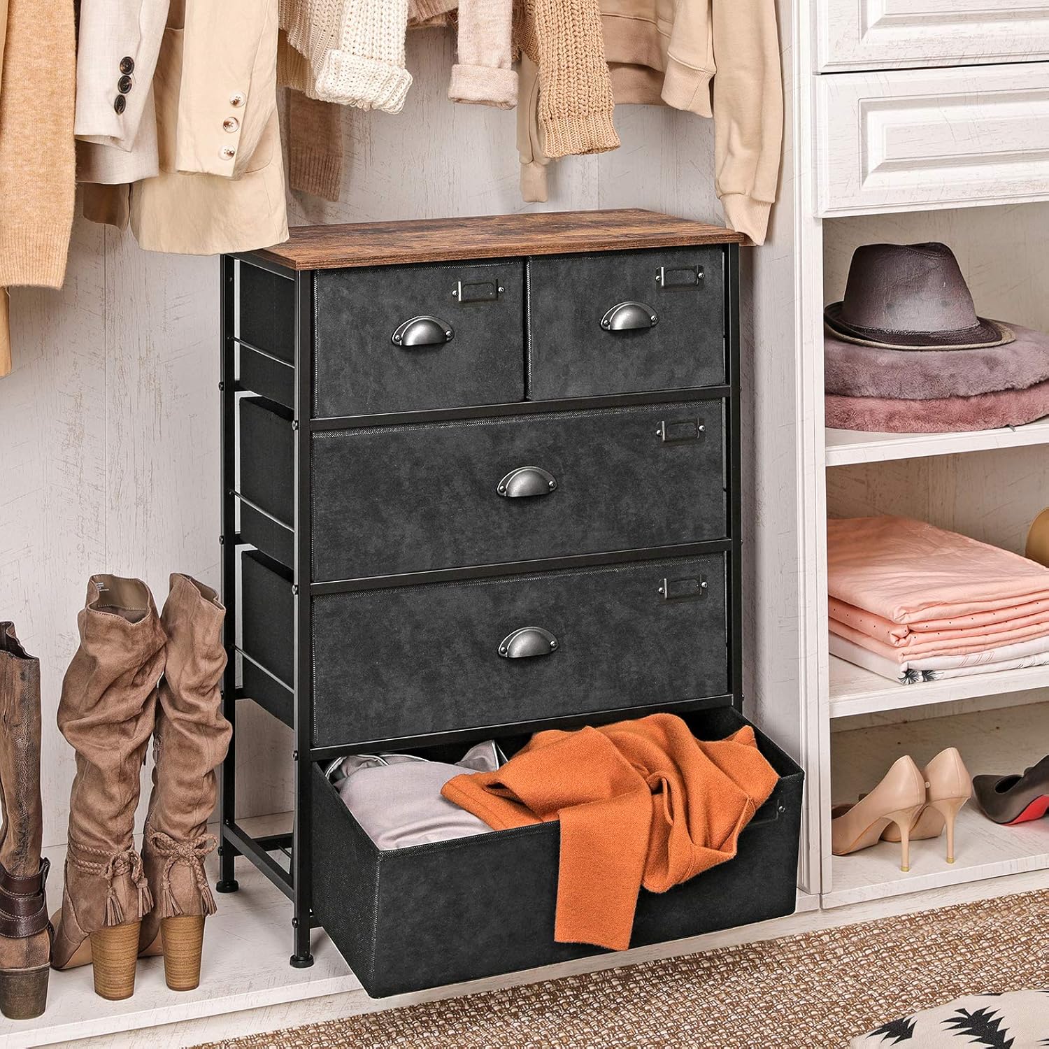 SONGMICS Fabric Drawer Dresser, Storage Dresser Tower with 5 Drawers, Labels, Wooden Top, Industrial Style Closet Storage, for Living Room, Hallway, Nursery, Rustic Brown and Black ULVT45H: Home Improvement