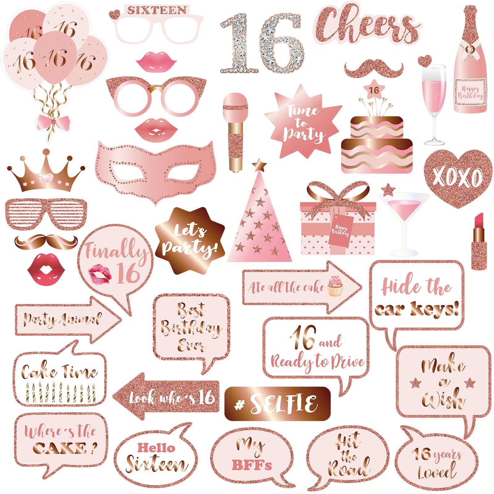 Photo 1 of 16th Birthday Party Photo Booth Props and Signs, Rose Gold 16 Birthday Party Selfie Props Kit with Sticks for Girls Women, Sweet Sixteen 16th Happy Birthday Party Decorations Supplies Favors