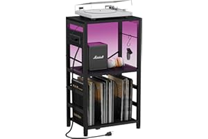 YAKANJ End Table with LED Light,Record Player Stand with Charging Station,Vinyl Records Storage,Turntable Stand Albums Storage for Music Room Studio-Industry Black
