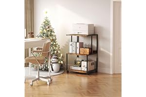 Mexin Printer Stand-Small 3 Tier Printer Table with Wheels, Industrial Rolling Printer Cart with Storage Shelf for Scanner Fax Home Office Use,17.5 x 11.8 Inches, Rustic Brown