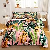 LUVIVIHOME 2PCS Cute Leopard Comforter Set Twin Size, Tropical Jungle Bedding Sets Pink Quilt, African Safari Wild Animal Cheetah Cartoon Kids Bedroom Decor for Girls Women, 1 Pillow Sham