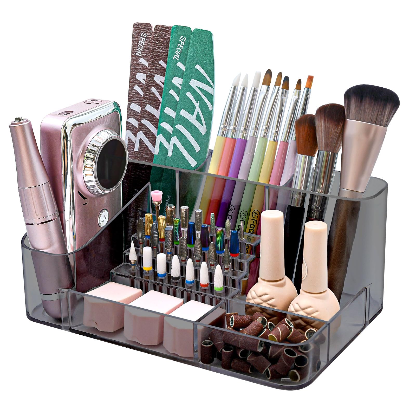 ANRUI Nail Drill Holder, 28 Holes Machine & Bits Storage Box, Acrylic Bits Holder, Professional Nail Tool Organizer - Gray