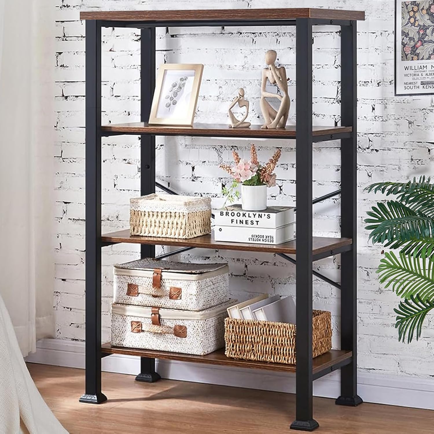 Photo 1 of HOMBAZAAR 4 Tier Bookshelf,Rustic Brown Industrial Book Shelf,Engineered Wood and Metal Deep Bookcases,Low Shelf Bookcase for Living Room,Office,Bedroom and Kitchen