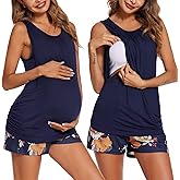 Ekouaer Women Maternity Nursing Pajama Set Breastfeeding Double Layer Pregnancy Pjs Set Sleeveless Top & Shorts with Pockets