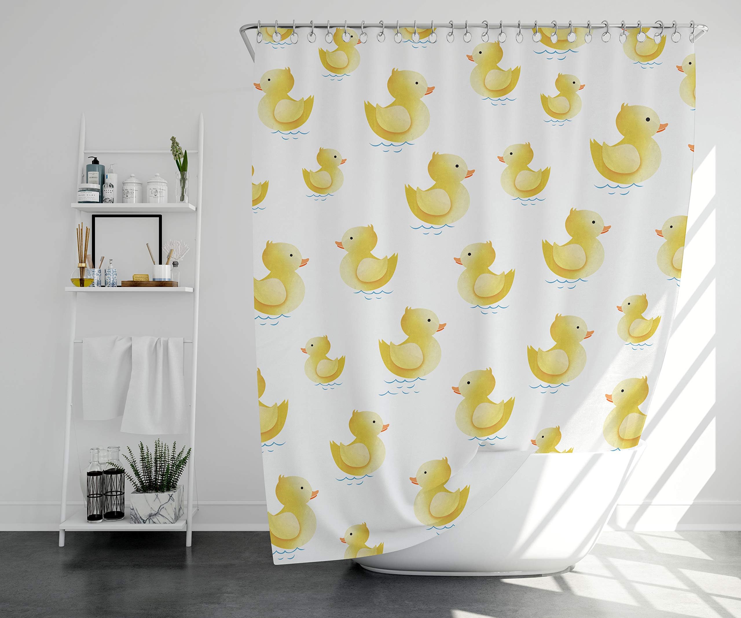 Kids Shower Curtain - Thick Water Repellent Fabric, Rubber Duck, Machine Washable, BPA Free, Odorless, Waterproof Mold/Mildew Resistant, Heavy Duty Stainless Steel Hooks Included, Rust Proof Grommets