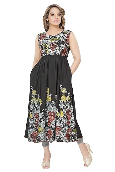 Women's Black Printed Cotton Rayon Maternity cum Feeding Long Kurti Dress for Casual & Daily Wear