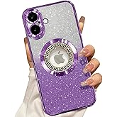 Misscase for iPhone 16 Magnetic Glitter Case Compatible with MagSafe,Full Protection Slim Shockproof Anti-Scratch Case with Camera Lens Protector Logo View Dust-Proof Net for Women Purple