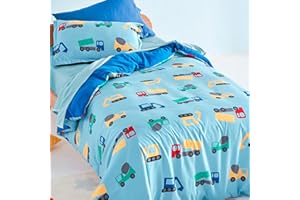 SLEEP ZONE Cute Printed Kids Duvet Cover Set Twin Size 2 Pieces - Super Soft Comforter Cover with 1 Pillow Sham, Easy Care Zipper Closure (Construction Truck, Twin)