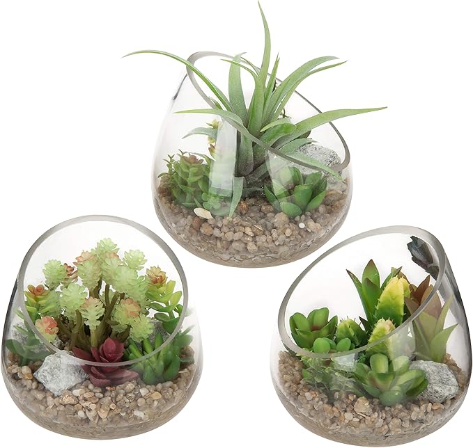 MyGift Set of 3 Miniature Faux Succulent Arrangements in Glass Planter