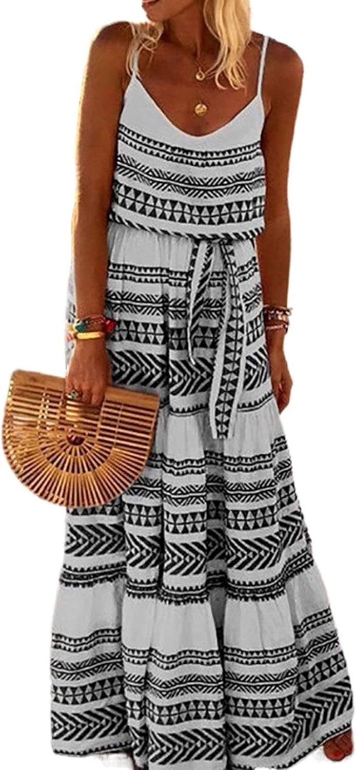 Women's Bohemian Summer Dresses Fashion Flowy Loose V Neck Cami Maxi