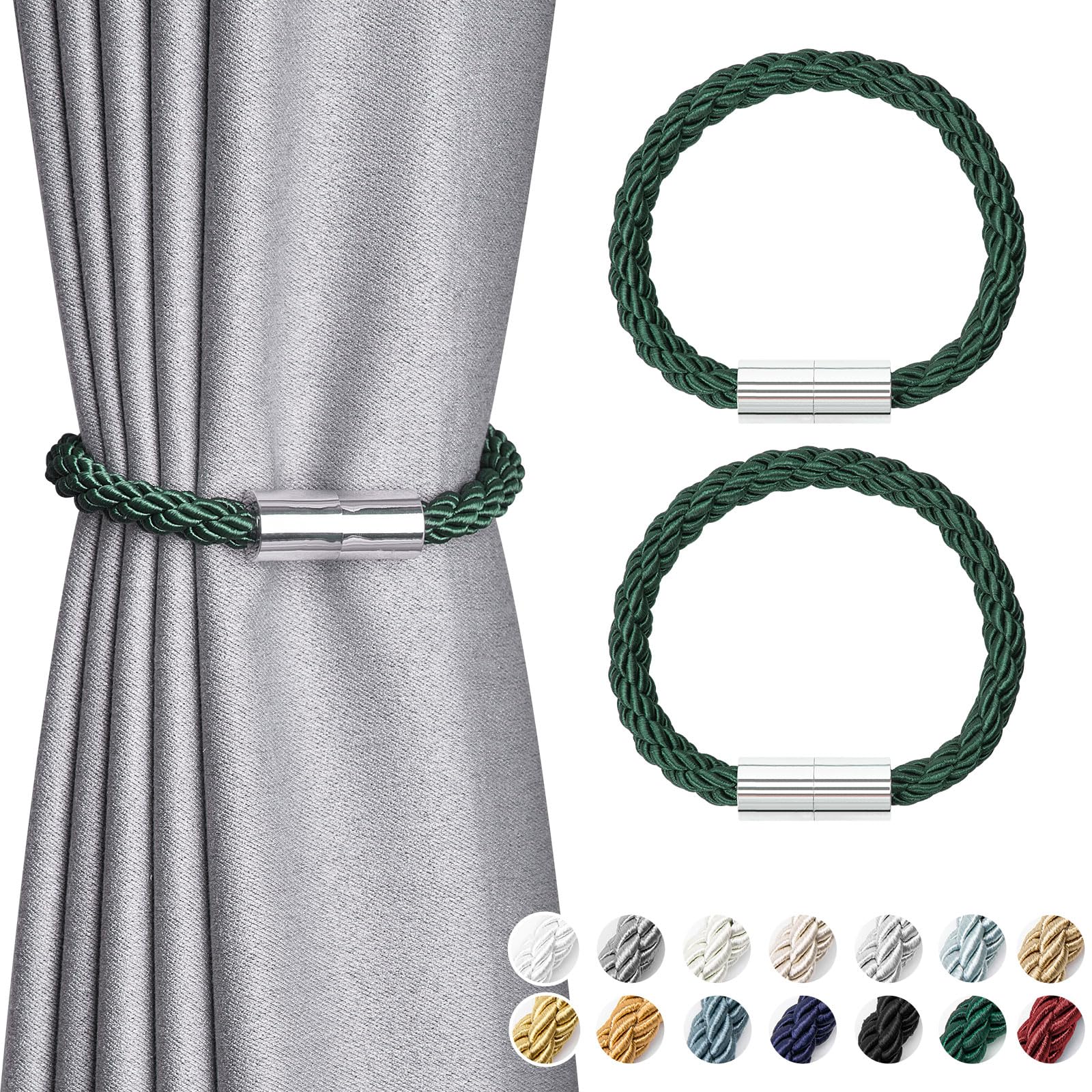 Pretty Jolly 2 Pack Mini Magnetic Curtain Tiebacks Modern Simple Style Drape Tie Backs Elegant Decorative Weave Rope Curtain Holdbacks for Home & Office Thin Window Draperies (Green)