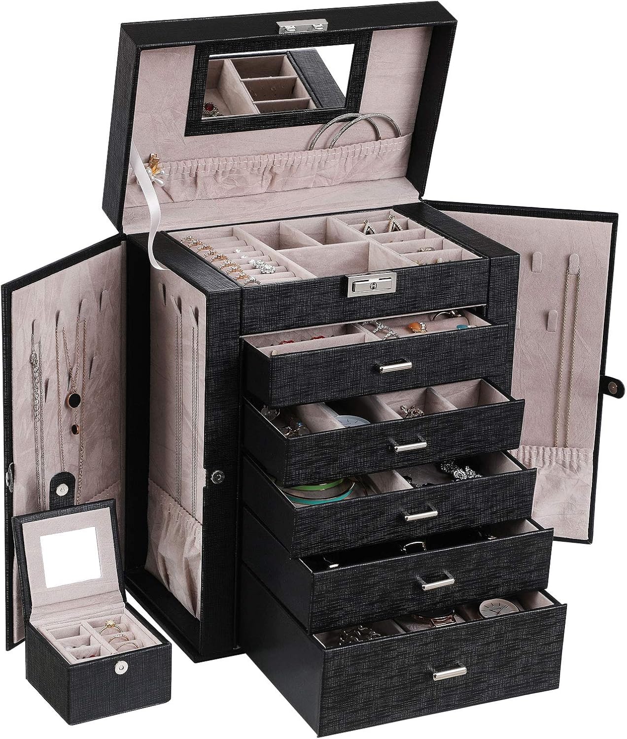 ANWBROAD 6 Tier Huge Jewelry Box Jewelry Organizer Box Display Storage Case Holder with Lock