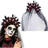Venlloom Rose Skull Veil Headband Day of The Dead Floral Hair Hoop Gothic Mexican Crown Headpiece for Women Halloween Cosplay Hair Masquerade Party Accessories