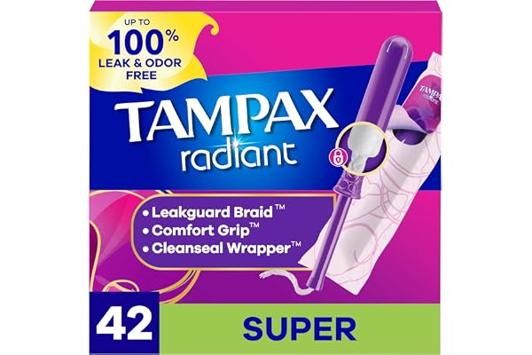 Tampax Radiant Tampons, #1 Tampon Brand, with LeakGuard Braid, Super Absorbency, Unscented, 42 Count