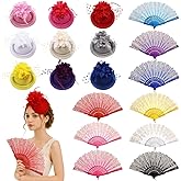 18 Pcs Tea Party Hats for Women, Tea Party Fascinator Set, Includes Mini Clip Hats and Lace Fans for Wedding Church Halloween Christmas Costume Supplies