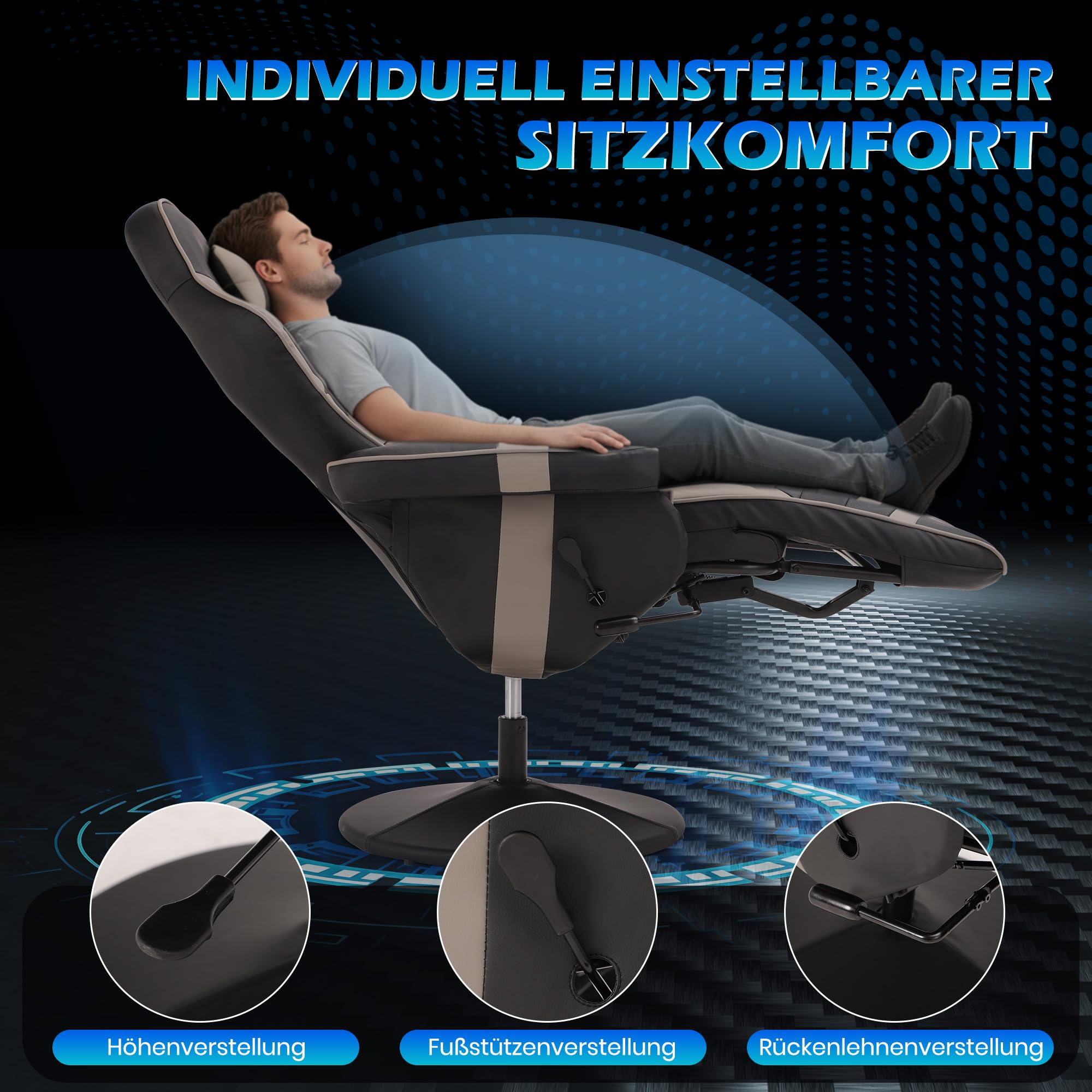 PALLOME Gaming Stuhl mit Massagefunktion, Höhenverstellbarer Gaming Chair mit Ausziehbarer Fußstütze & Getränkehalter, Ergonomischer Bürostuhl mit Kopfstütze, Drehbarer Racing Gamer Chair (Grau) 6