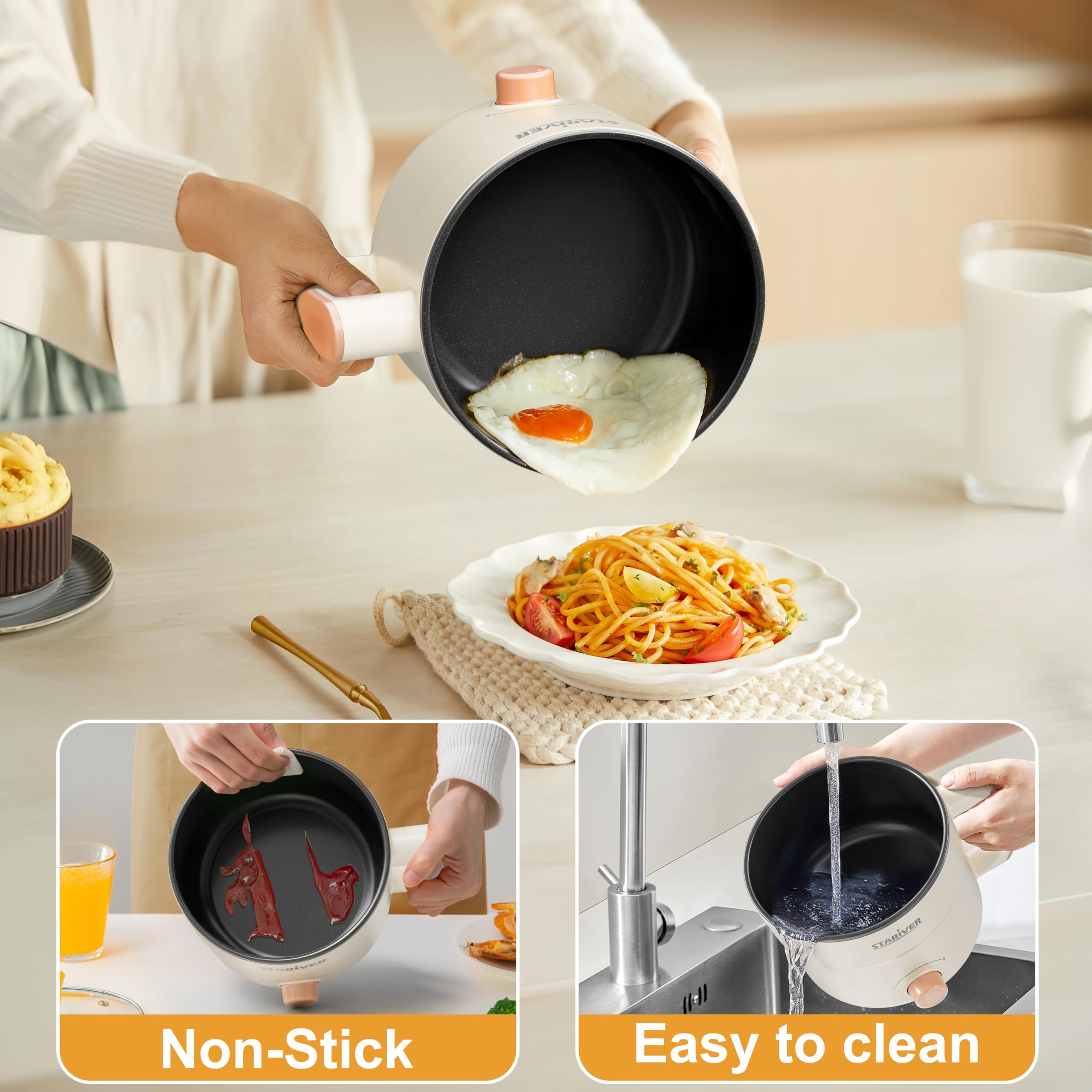 Stariver 1.5L Electric Hot Pot with Dual Power - Mini Portable Non-Stick Noodle Cooker for Ramen, Soup, Pasta, Egg, Oatmeal - Overheat & Boil-Dry Protection - Ideal for Dorm, Office, Travel Gift