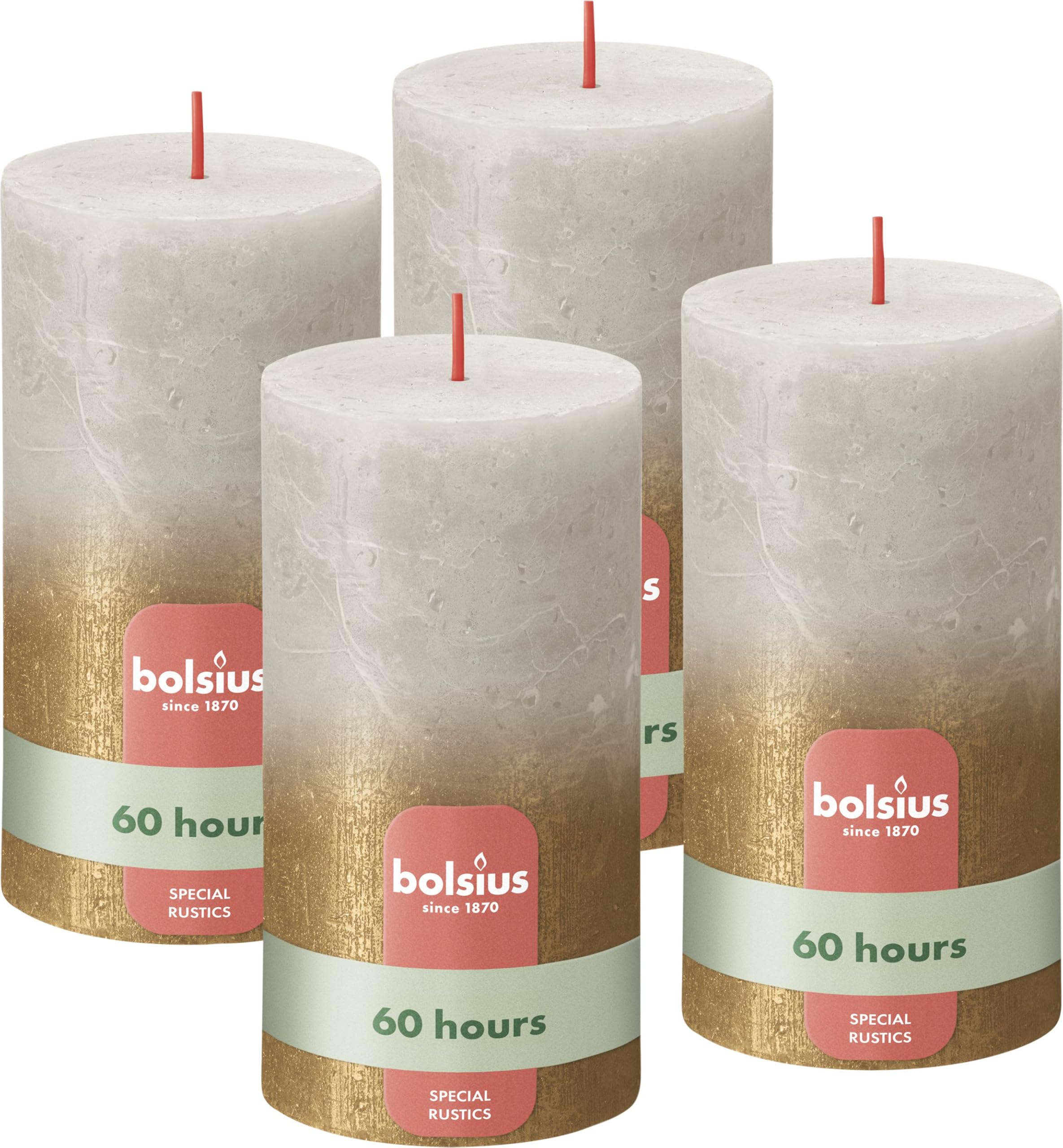 Bolsius Rustic Pillar Candle - Fading Metallic - Grey & Gold - Pack of 4 - Long Burning Time 60 Hours - Interior - Includes Natural Vegan Wax - No Palm Oil - 13 x 7 cm