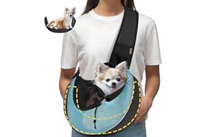 WOYYHO Pet Dog Sling Carrier Bottom Plate Adjustable Strap Design Puppy Sling for Small Dogs Breathable Mesh Dog Carrier Sling with Large Pocket for Outdoor Travel Cyan M (up to 9 lbs)