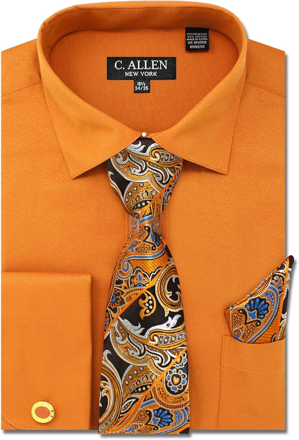 Men's Solid Micro Pattern Regular Fit Dress Shirts with Tie Hanky