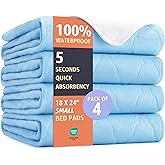 Soft and Lofty Washable Underpads - Heavy Absorbency, Waterproof Reusable Incontinence Pads for Pets, Crib, Couch, Sofa, Chair, Bassinet, Car Seat (Blue, 18 x 24 Inches, Pack of 4)