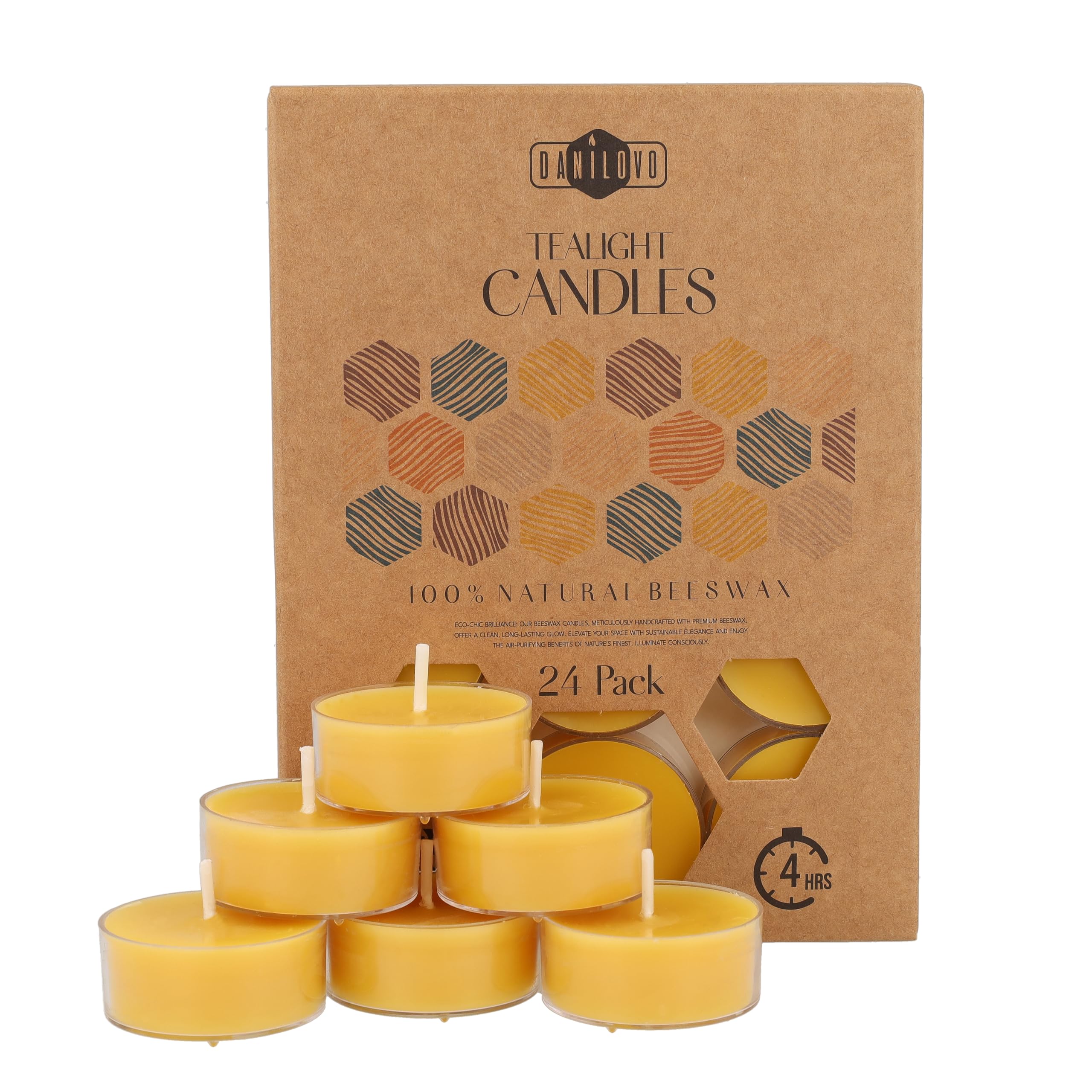 Danilovo Pure Beeswax Tealight Candles w/Cotton Wicks - Pack of 24 4-Hour Burning Time Votive Candles Crafted by Recycled Plastic