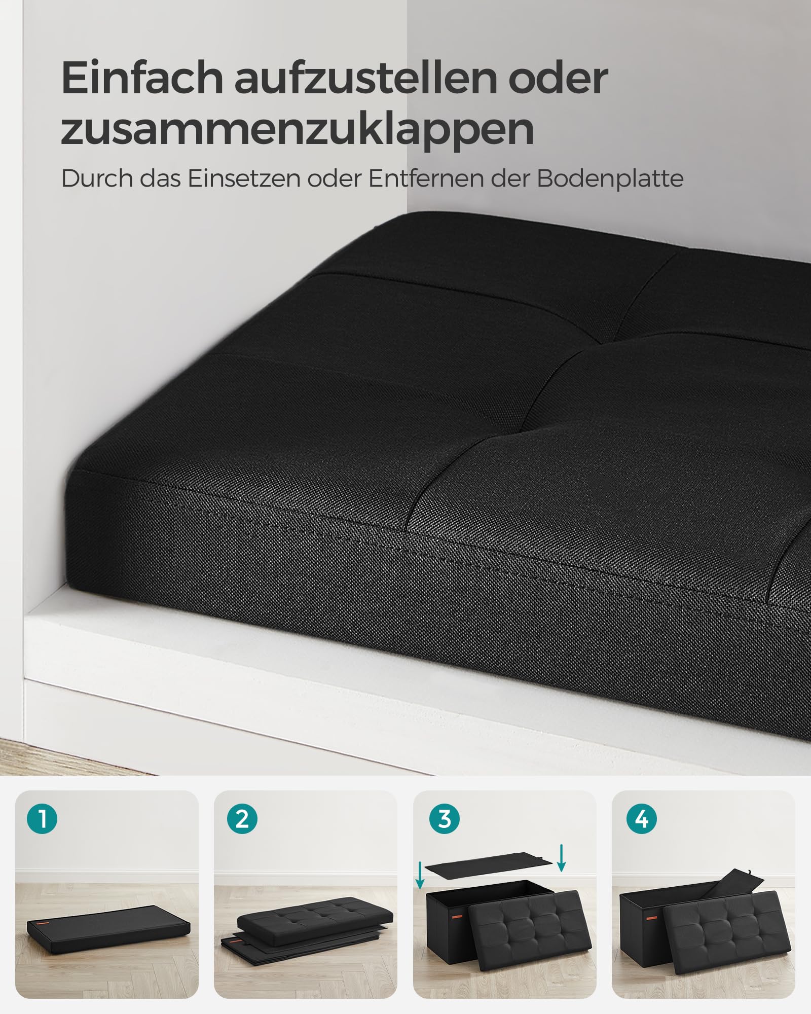 SONGMICS Sitzhocker mit Stauraum, klappbare Sitzbank, 38 x 76 x 38 cm Fußbank, Aufbewahrungsbox, bis 300 kg belastbar, für Wohnzimmer Schlafzimmer Flur, tintenschwarz LSF047B01 7