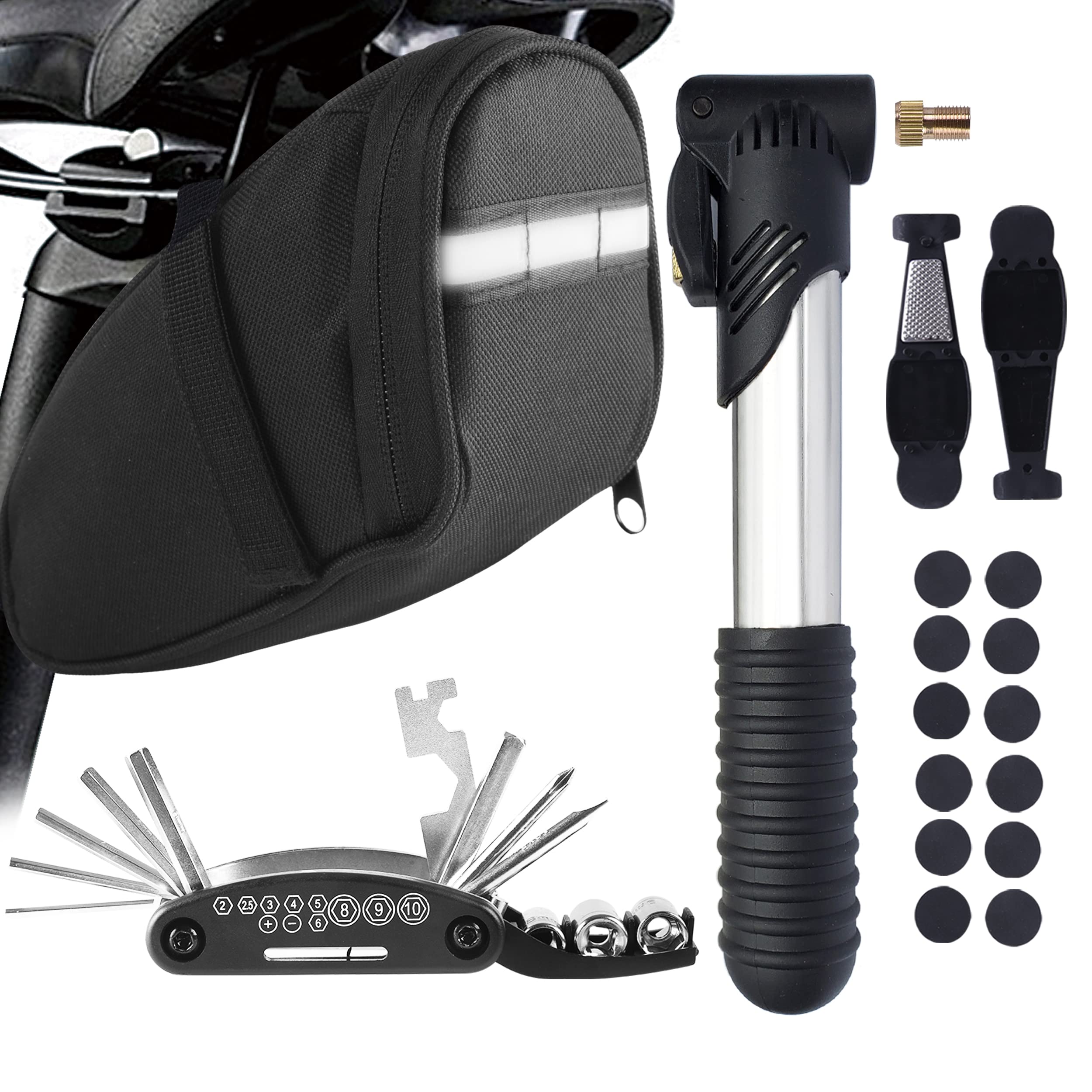 MASPODER Saddle Bag With Pump, Puncture Repair Kit, Multi Tool Set for Cycling, MTB, Mountain, Road Bike Accessories (Basic Plus 01)