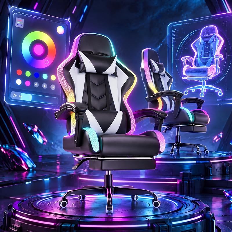 Gaming Stuhl mit led, Cool Racing Gamer Stuhl, Ergonomischer Bürostuhl mit Massagefunktion, Verstellbare Rückenlehne 90-135°, mit Teleskop Fußstütze, Gamingstuhl 150 kg belastbarkeit, Weiß — Foto 2 von 8