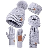 Womens Winter Hat Gloves Scarf Headband Set, Pom Pom Beanie Long Scarf Touchscreen Gloves Ear Warmer, 4 in 1 Warm Gift Set