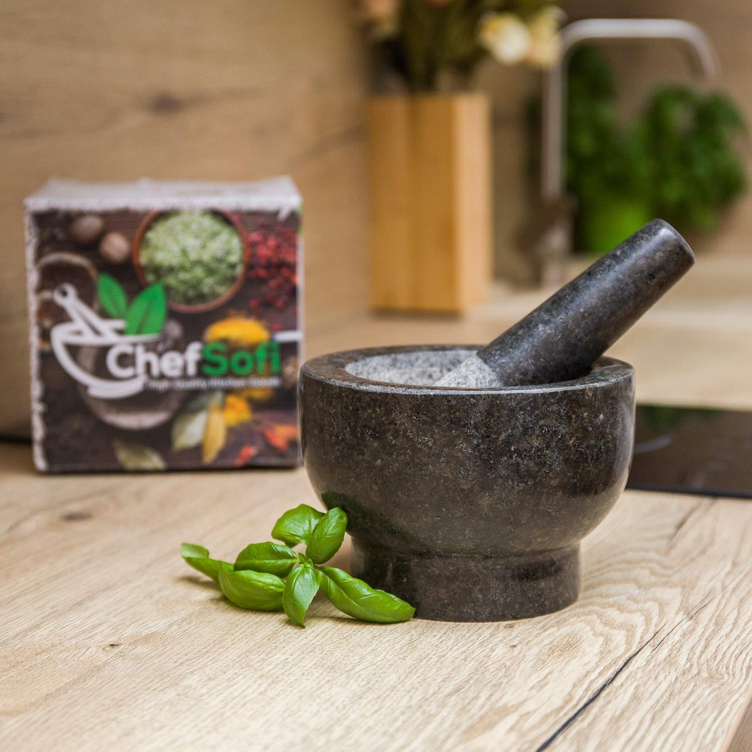 ChefSofi Mortar and Pestle Set - Black Polished Exterior - 6 inch - 2 Cup Capacity: Kitchen & Dining