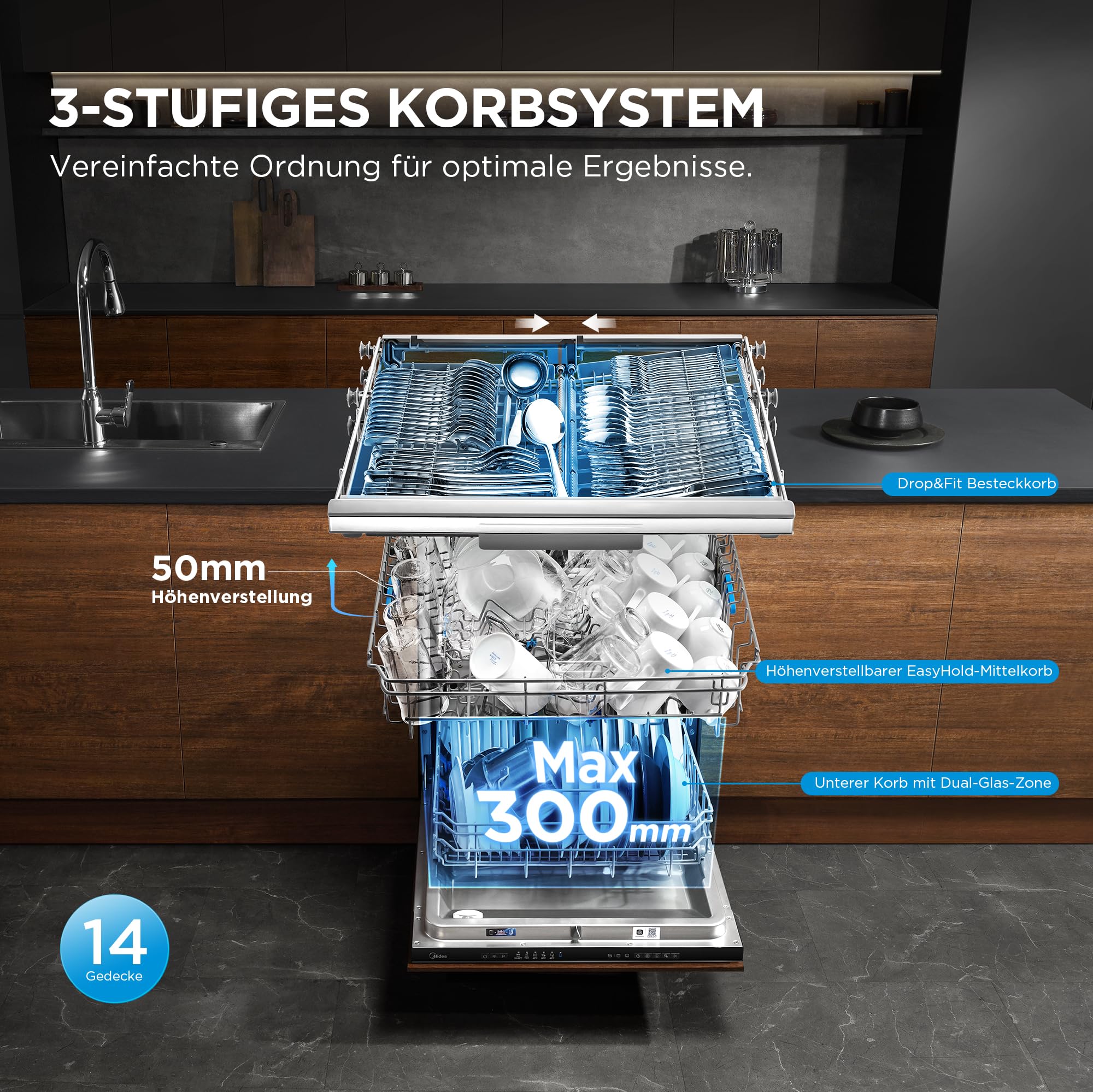Midea MDWEB1403MB-EA Spülmaschine Vollintegriert 60 cm, 14 Maßgedecke, 9 Programme, Automatische Türöffnung, LED Display, 1/2 Halbe Ladung, Startverzögerung, Geschirrspüler Einbaugerät mit WIFI, 42dB 7