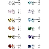 LOYALLOOK 12 Pairs Stainless Steel Cubic Zirconia Stud Earrings, Brilliant Cut Round CZ Earrings set, Birthstone Stud Earrings for Women