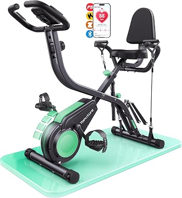 Bicicleta Estática 5 en 1 con App, Bici Estática Plegable para Casa y Espacios Reducidos, 16 Niveles Magnética Silenciosa, con Bandas de resistencia, Respaldo y Pulsómetro, Máx 140KG