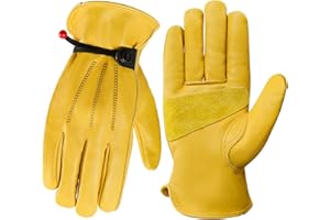 DULFINE Leather Work Gloves for Men & Women, Reinforced Durable Gardening Gloves,Cowhide Work Gloves,Puncture & Cut Resistant