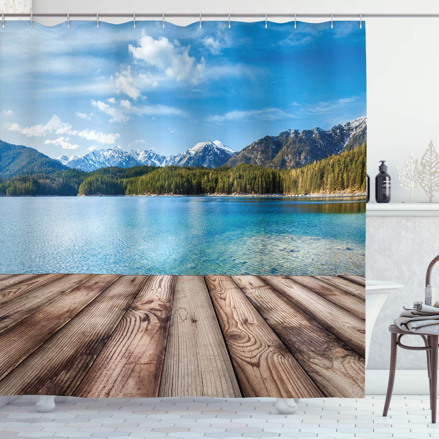 ABAKUHAUS Mountain Shower Curtain, Snowy Mountain Tops from Old Wood Deck Pier by Sea Idyllic Calm Coastal Charm, Cloth Fabric Bathroom Decor Set with Hooks, 70 Inches, Blue Brown