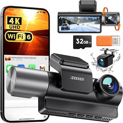 3-Kanal 4K Dashcam Auto Mit Kostenloser 32 GB Karte, 4K+1080P+1080P Vorne Hinten Innen Dash Cam Mit WDR, IR Nachtsicht, WiFi 6, Loop-Aufnahme, G-Sensor Und 24 Stunden Parkmodus