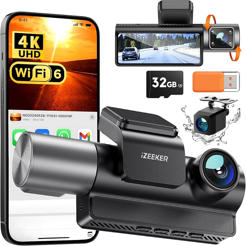 3-Kanal 4K Dashcam Auto Mit Kostenloser 32 GB Karte, 4K+1080P+1080P Vorne Hinten Innen Dash Cam Mit WDR, IR Nachtsicht, WiFi 6, Loop-Aufnahme, G-Sensor Und 24 Stunden Parkmodus