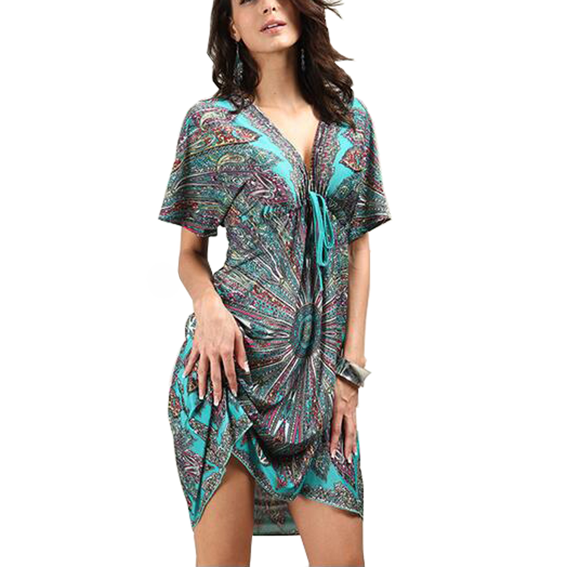 OCTOPUSIR Ladies Beach Wraps and Cover ups 2019 Women's V-Neck Bohemia Beach Dress Short Sleeves Boho Swimwear for Holiday Beachwear Bikini Bathing Suit (Purple)