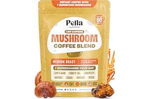 PELLA NUTRITION Low-Caffeine Mushroom Coffee (60 Servings) with 7 Superfood Mushrooms, Great Tasting Instant Coffee, Includes Lion's Mane, Reishi, Chaga, Cordyceps, Shiitake, Maitake, and Turkey Tail