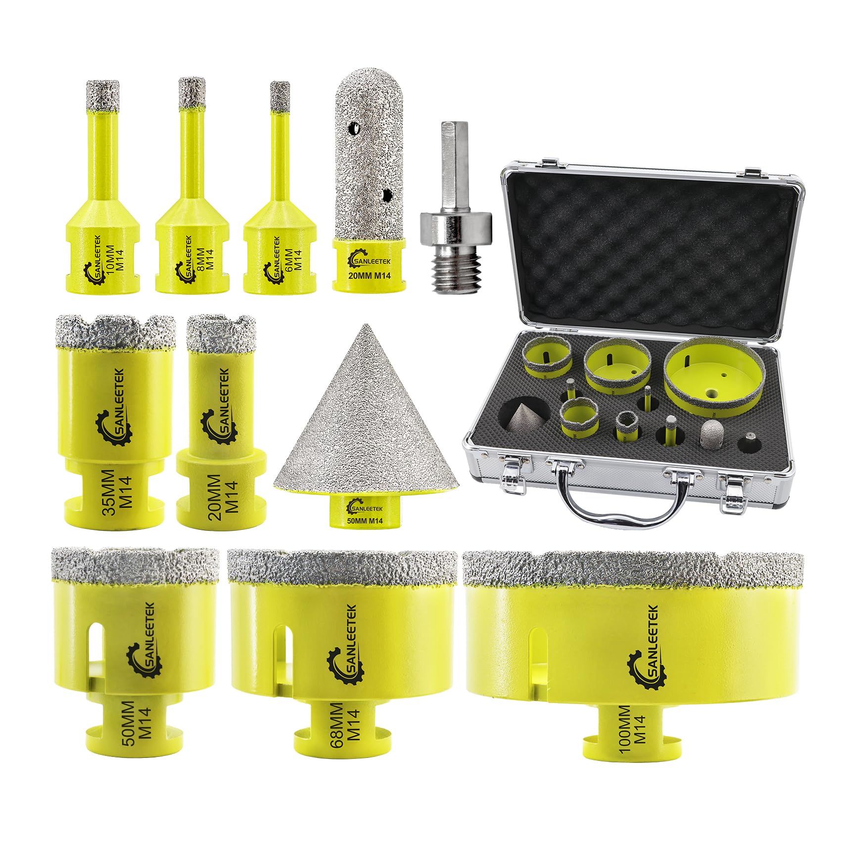 SANLEETEK Tile Hole Saw Kit - Diamond Core Drill Bits Set 11pcs (6/8/10/20/35/50/68/100mm+20mm Finger Bit+50mm Beveling Chamfer Bit+Hex Adapter) for Porcelain Tile Ceramic Marble Granite M14 Thread