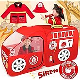 W&O Fire Truck Play Tent with Siren Button, Firefighter Hat, Jacket & Hose – Ultimate Firefighter Pop-Up Tent for Toddlers & 