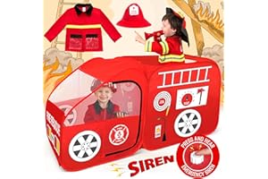 W&O Fire Truck Play Tent with Siren Button, Firefighter Hat, Jacket & Hose – Ultimate Firefighter Pop-Up Tent for Toddlers & 