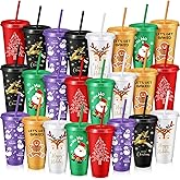 Umigy 24 Pcs Christmas Cups Christmas Plastic Party 24 oz Reusable Cups with Lids and Straws in Different Xmas Color Themes Plastic Tumblers for Party Decor Supplies (Classic Style)