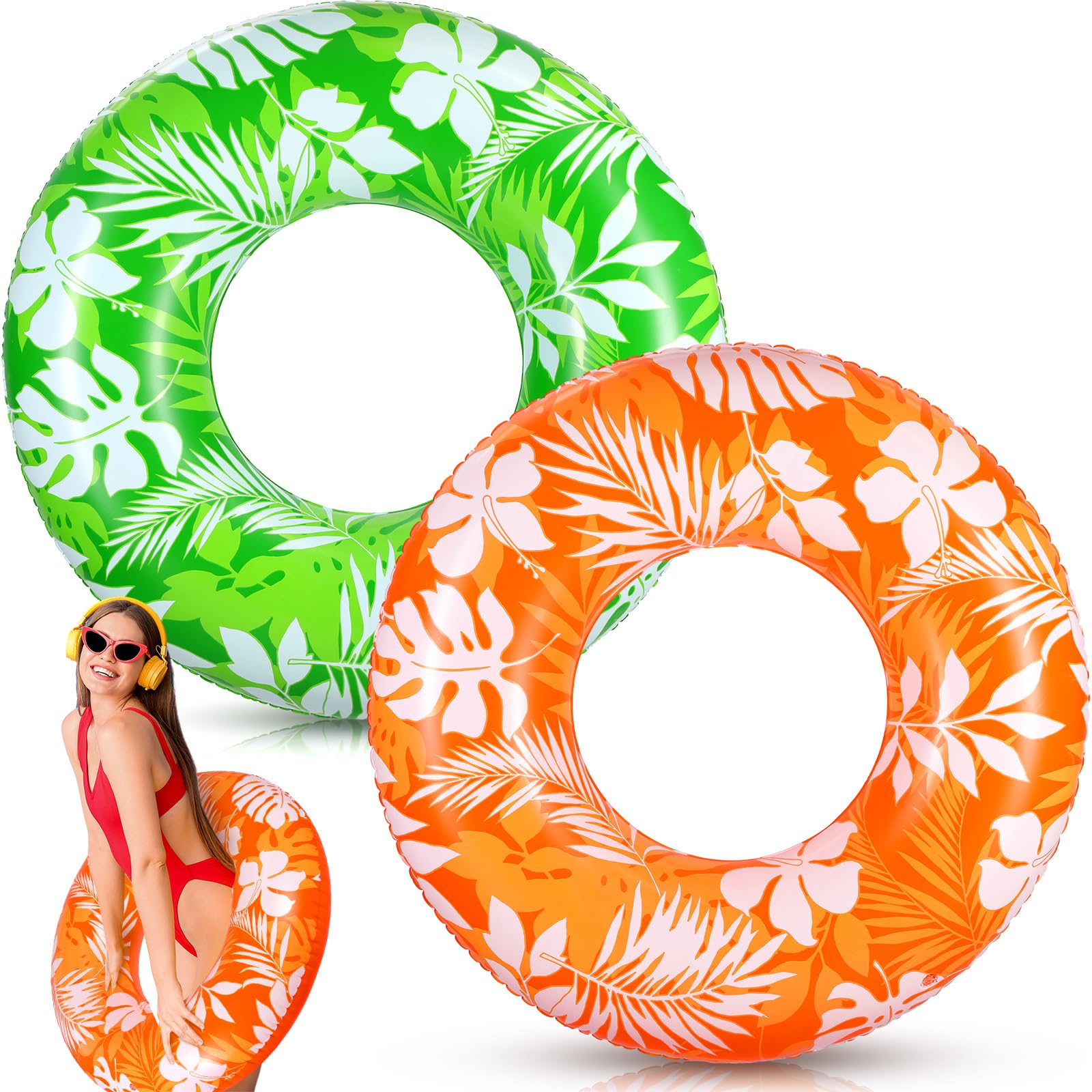 Photo 1 of (USED/FAIR) (BAGGED) ShinyRelief 2 Pcs Pool Tubes for Adults 42inch Large Inflatable Floats Tube Tropical Leaves Inflatable Pool Floats Rings Colorful Swimming Ring Summer Hawaii Swimming (Green,Orange)