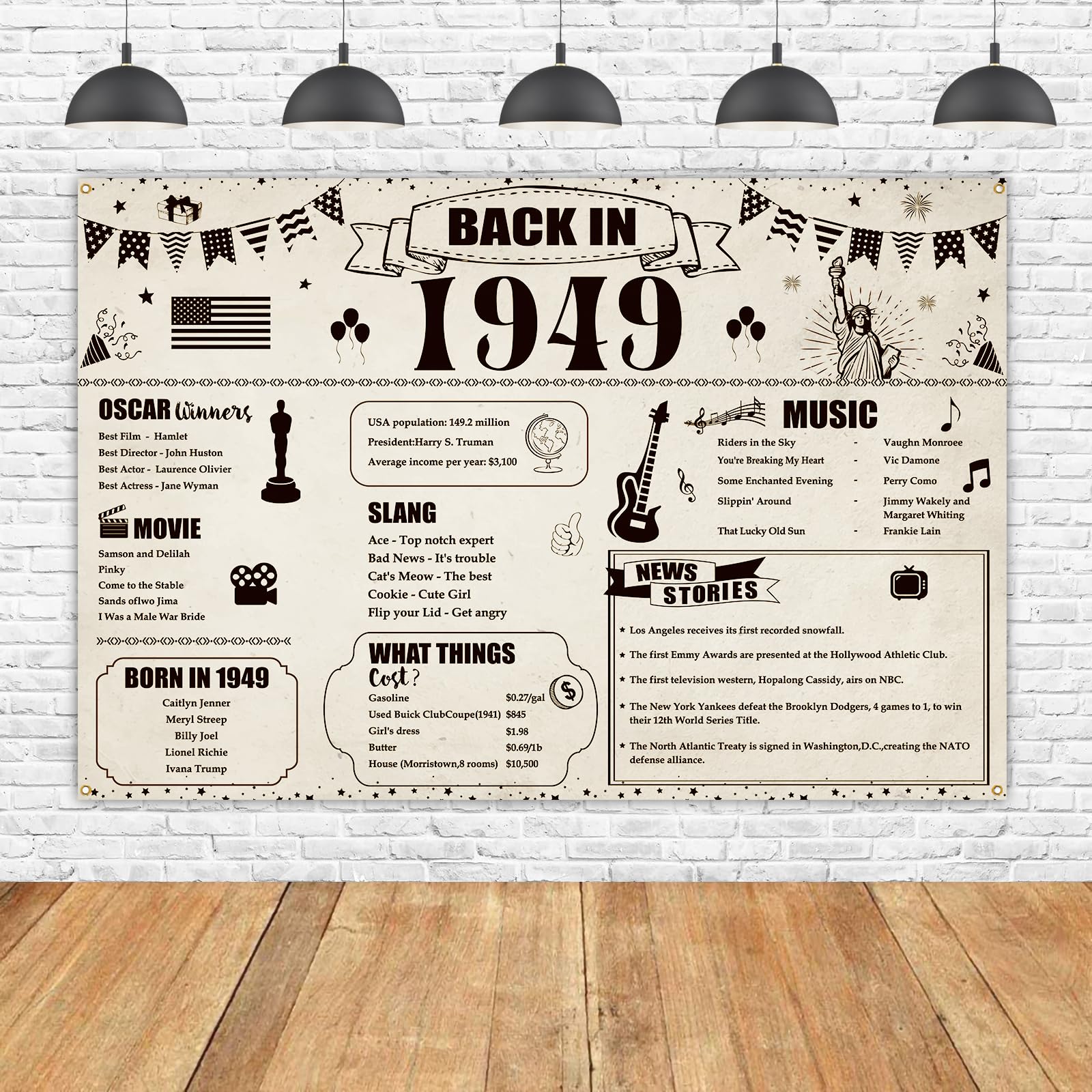 Photo 1 of Back in 1949 Poster Newspaper Backdrop Banner,45th Anniversary Birthday Decorations for Women Men,7x5ft Vintage Wood Color Photography Background Painting Newspaper Birthday Party Backdrop