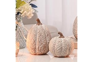 AOMOONOA Artificial Pumpkin Decor, Brown and White Decorative Pumpkins, Thanksgiving Resin Pumpkins Figurine Set of 2, Carved Pumpkin Statues for Rustic Fall Tabletop Home Decor, Harvest, Wedding