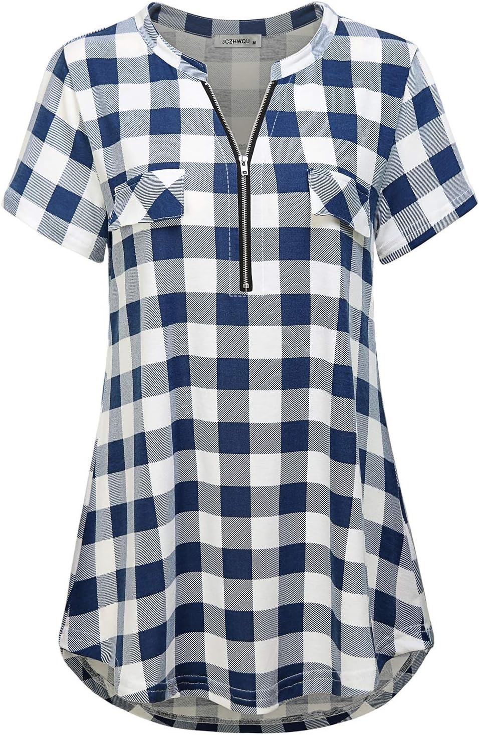 Women's Zip Up V Neck Short Sleeve Casual Tunic Shirt