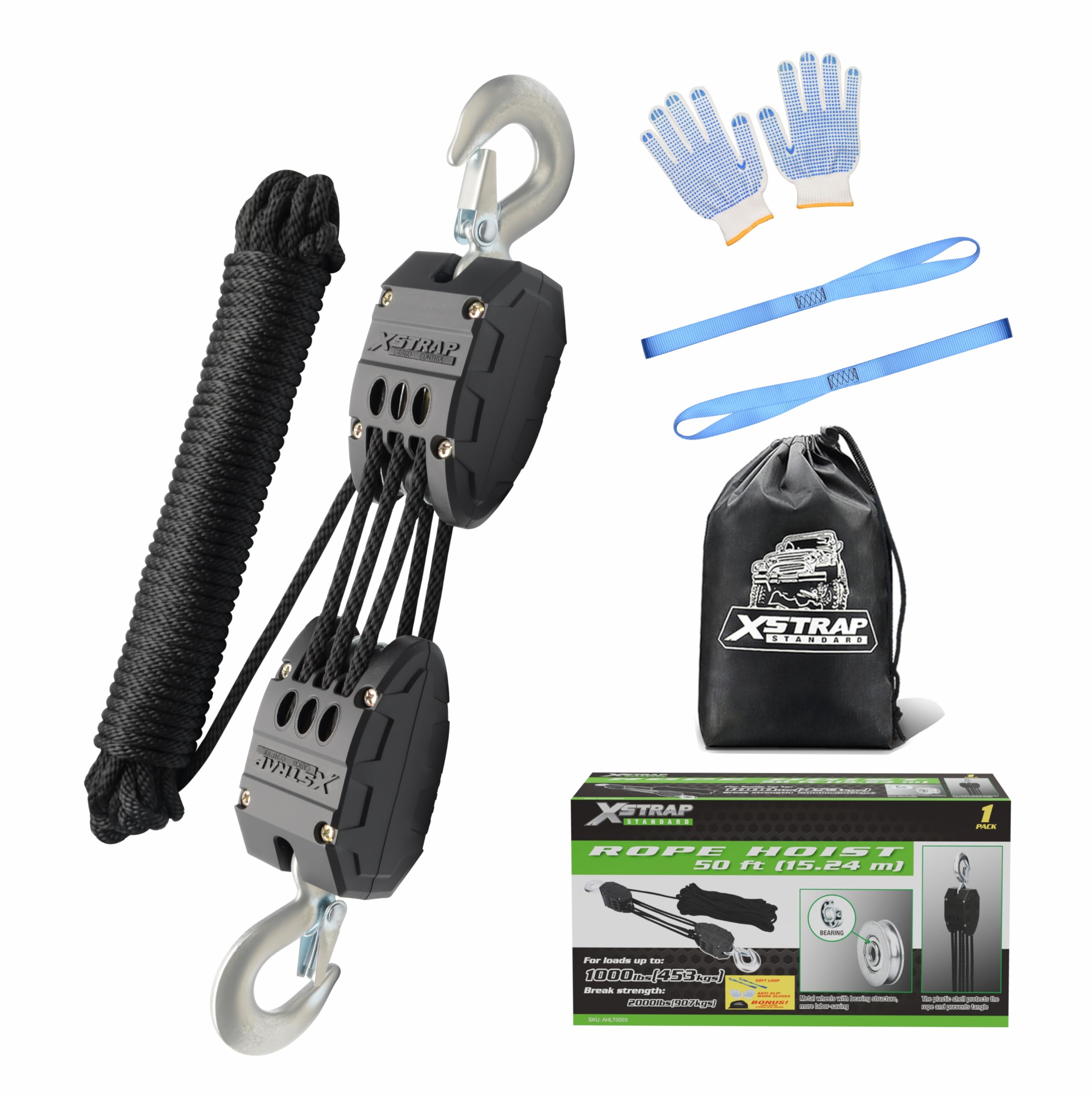 Photo 1 of ?XSTRAP STANDARD Heavy-Duty Block and Tackle Pulley System, 1000LB wCapacity, 5:1 Lifting Power, 50FT Rope Hoist with 2 Soft Loops for Garage, Hunting, Tree Cutting, Deer Hoist, DIY Attic Lift, Black